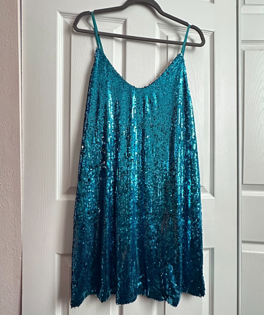 Teal Blue Sequin Sparkle Allegra K Mini Spaghetti Strap Slip Party Dress XL